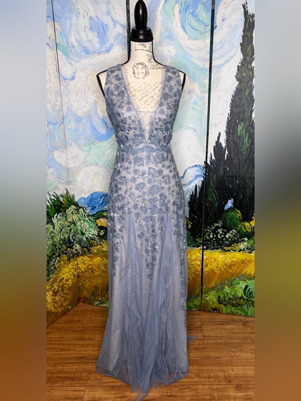 Whimsical, triple layered, violet/blue floral embellished, evening gown. - Picture 3 of 11
